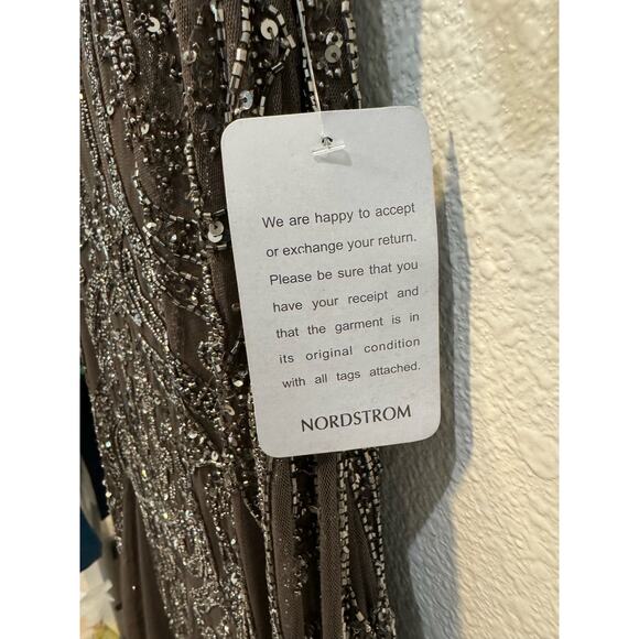 NWT PISARRO NIGHTS $268 Mocha Sequin Illusion Mesh 3/4 Sleeve Gown Size 14 - Picture 8 of 11